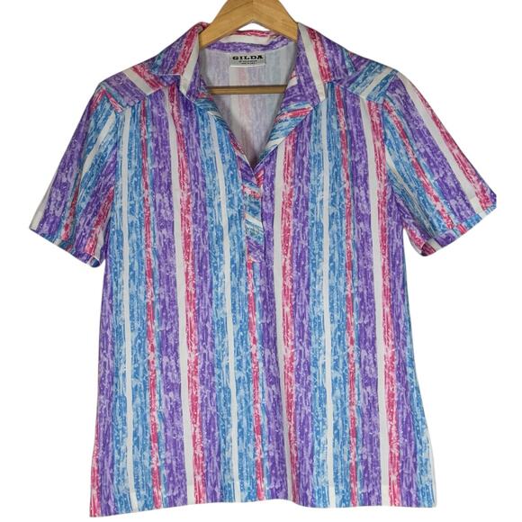 Vintage 70s Gilda of California Funky Short Sleeve Striped Blouse Womens Large - Picture 1 of 6
